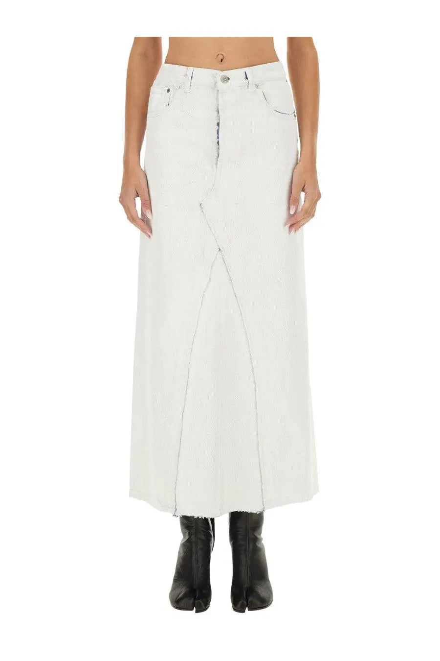 Maison Margiela women’s white denim midi skirt with central seam and frayed hem for casual wear