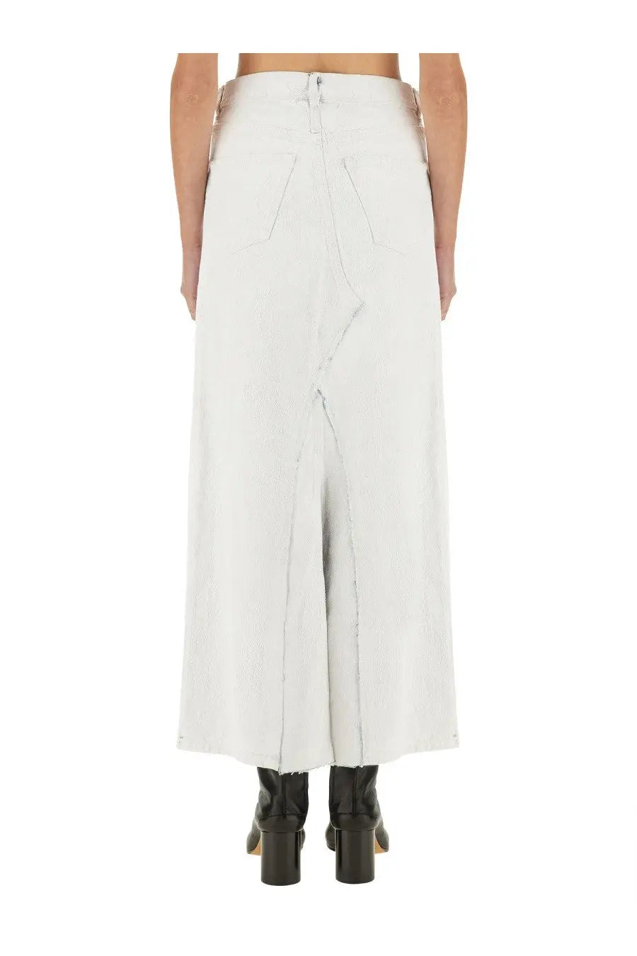 Maison Margiela women’s white wide-leg denim midi skirt with raw hem and front slit