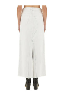 Maison Margiela women’s white wide-leg denim midi skirt with raw hem and front slit