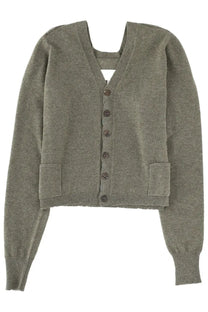 Olive green knit cardigan with button closure and two front pockets from maison margiela women’s neck cardigan collection