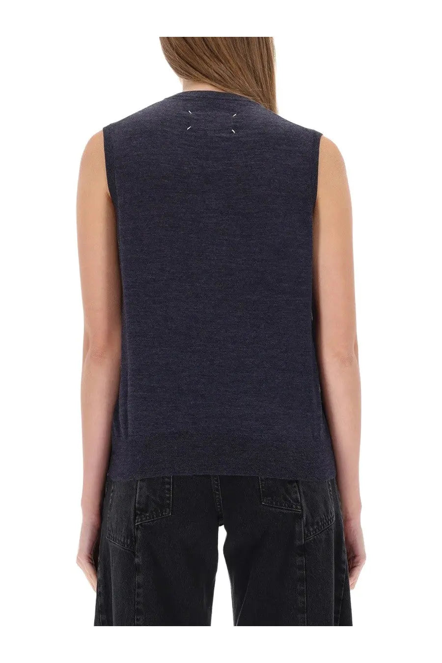 Maison Margiela women’s neck vest in dark blue sleeveless knit with subtle texture and white stitching details