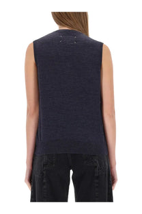 Maison Margiela women’s neck vest in dark blue sleeveless knit with subtle texture and white stitching details