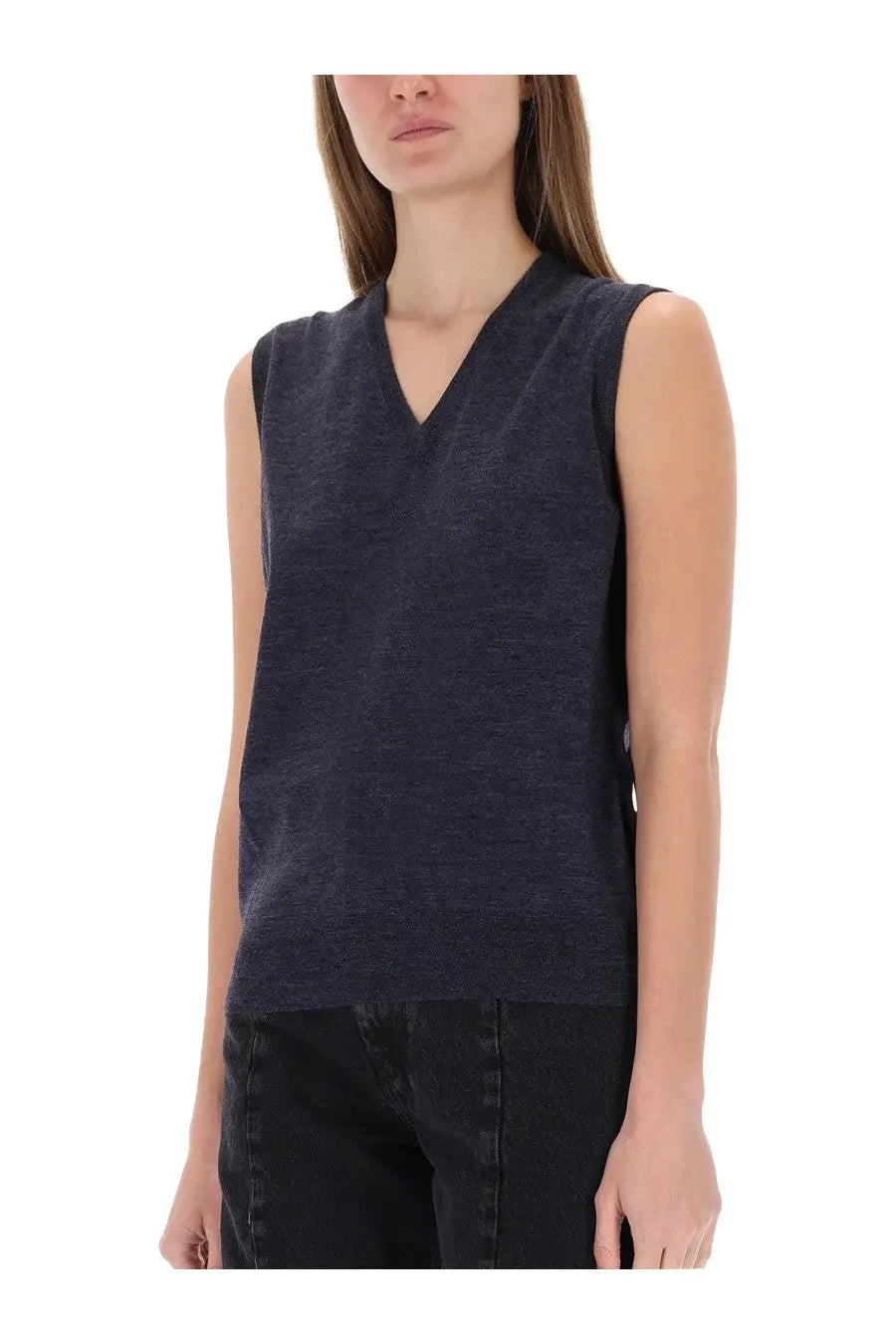 Navy blue sleeveless knit vest with v-neckline by Maison Margiela for women in soft knit fabric