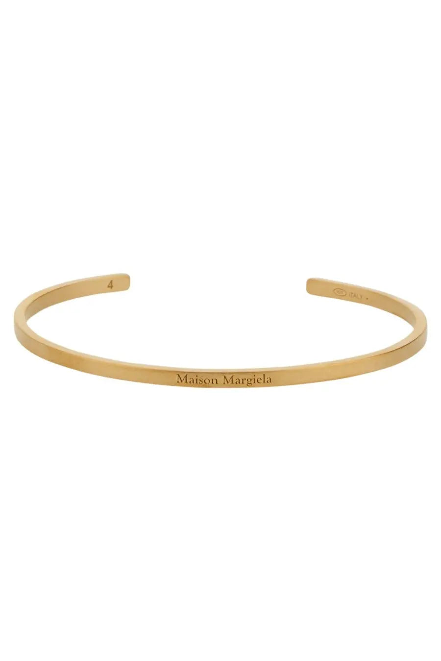 Gold-toned maison margiela women’s open cuff bracelet with minimalist engraved branding on polished metal surface