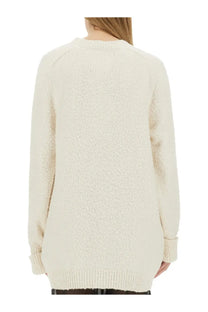 Maison Margiela women’s oversized cardigan in cream color with fluffy knit texture and ribbed cuffs and hem