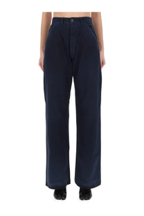 Maison Margiela women’s dark navy herringbone wide-leg trousers with a tailored fit and subtle front pleats