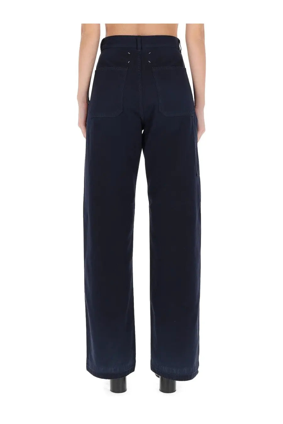 Dark navy Maison Margiela women’s wide-leg high waist trousers with visible stitching and herringbone fabric texture