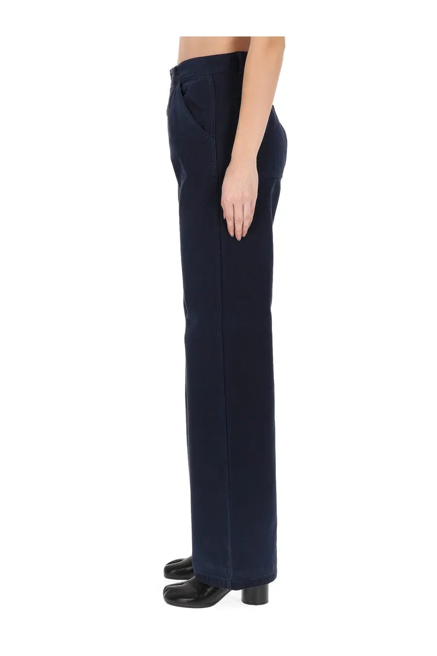 Maison Margiela women’s navy blue herringbone pants with straight-leg tailored fit and subtle front seam detailing