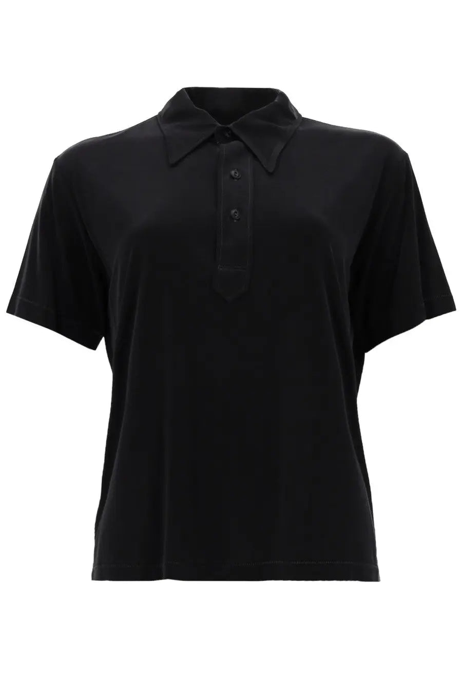 Maison Margiela women’s polo in black cupro with short sleeves classic collar and two-button placket