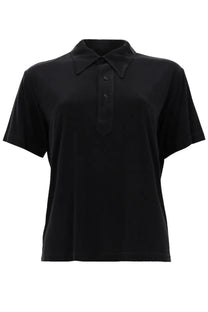 Maison Margiela women’s polo in black cupro with short sleeves classic collar and two-button placket