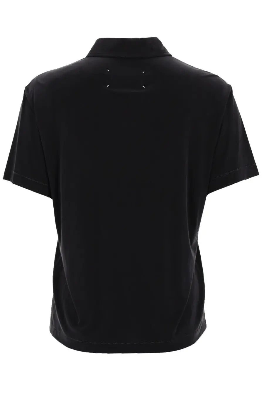 Back view of maison margiela women’s black cupro polo shirt with short sleeves classic collar and white stitching detail