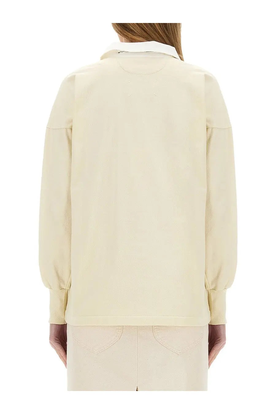 Maison Margiela women’s cream-colored long-sleeved polo shirt with white collar and subtle seam detailing
