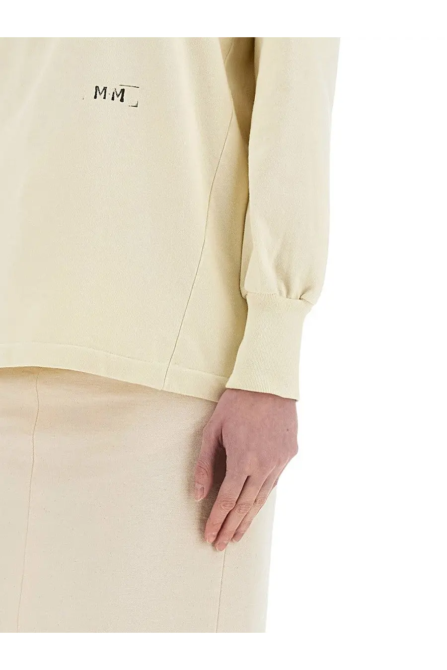 Maison Margiela women’s cream-colored long-sleeved sweatshirt with subtle mm logo on chest for casual wear
