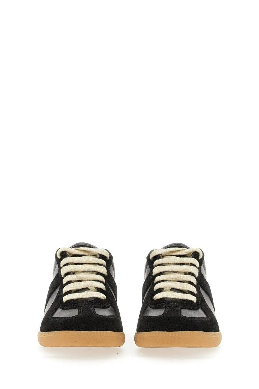 Maison Margiela women’s replica sneaker black with black and gray suede upper cream laces and tan rubber sole