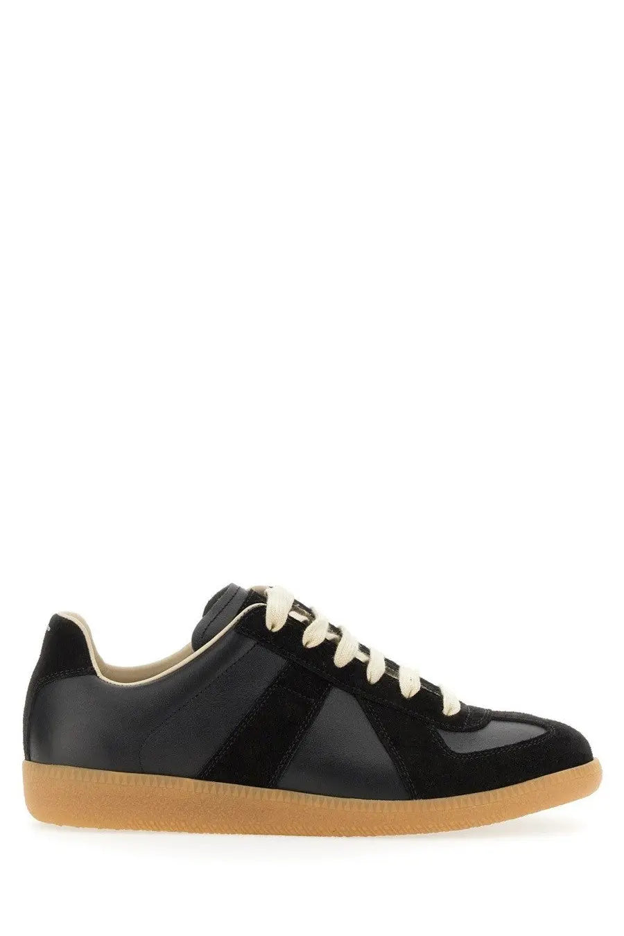 Maison Margiela women’s replica sneaker black with suede and leather panels cream laces and tan rubber sole
