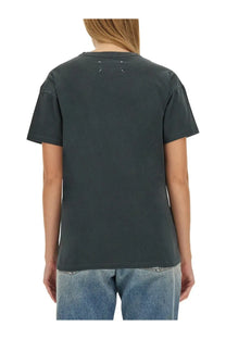 Maison Margiela women’s black short-sleeved t-shirt with dark gray fabric and white stitching at the neckline