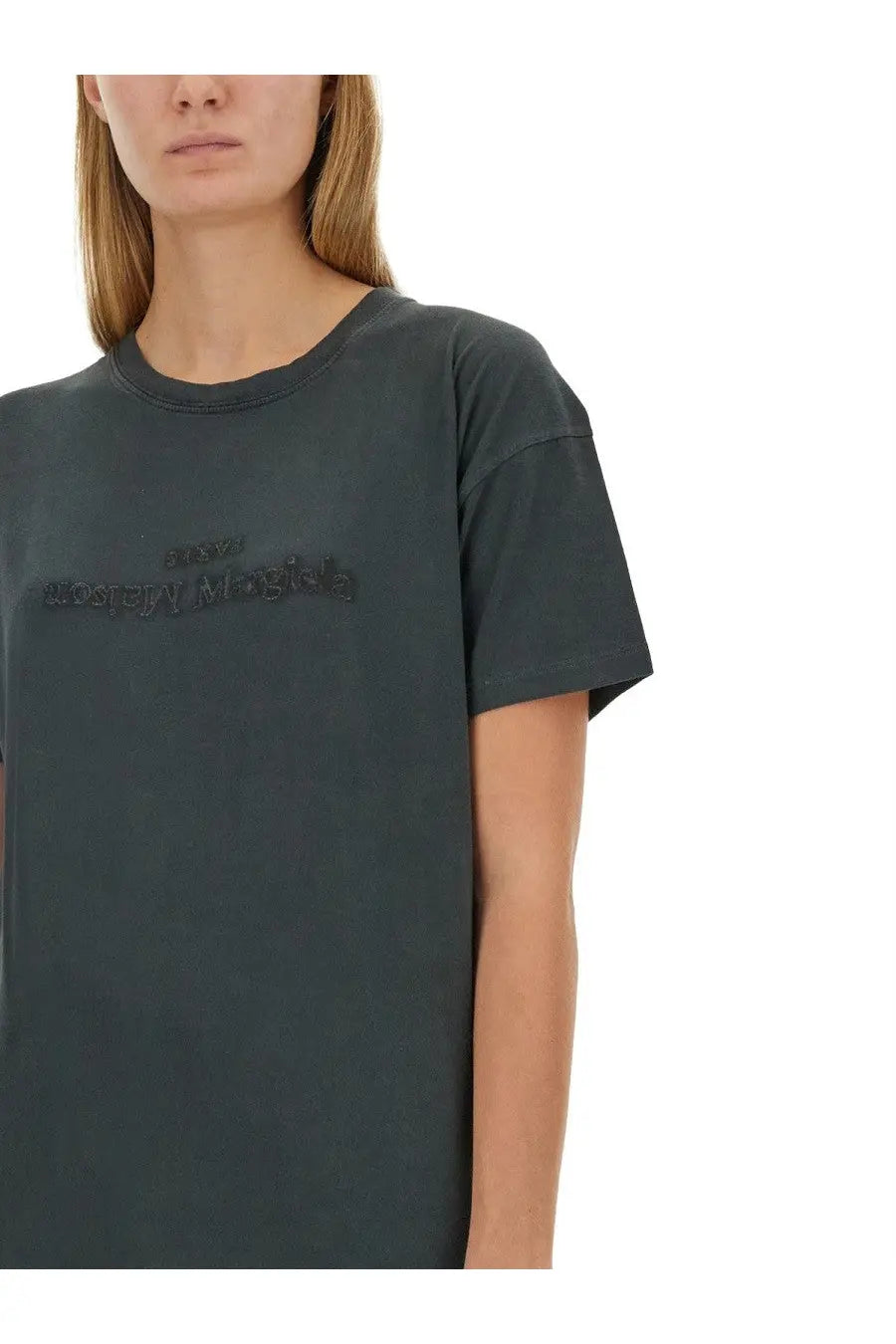 Maison Margiela women shirt black dark gray faded cotton with subtle embossed logo across the chest
