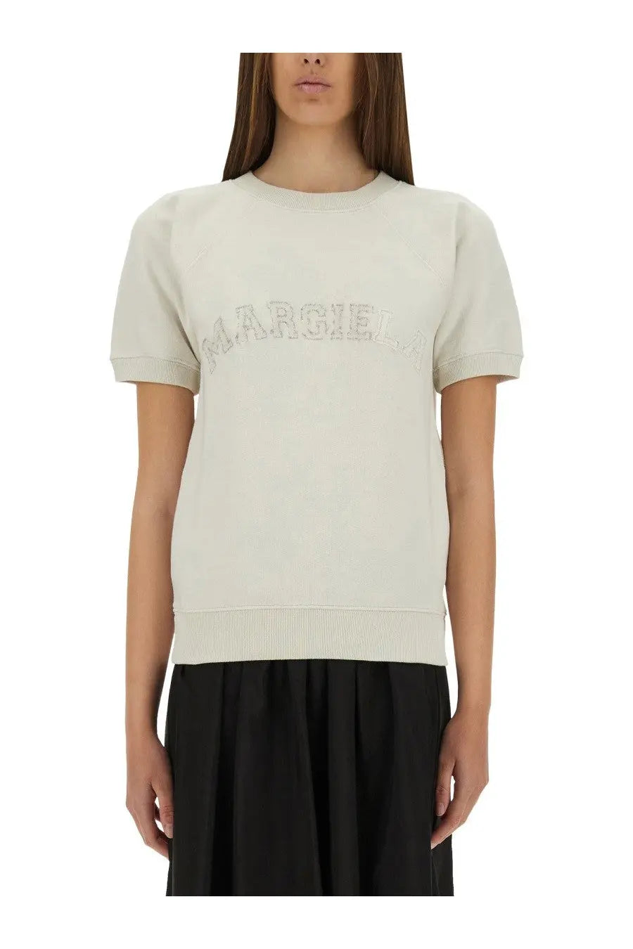 Maison Margiela women’s cream-colored short sleeved sweatshirt with ribbed hem in soft cotton blend material