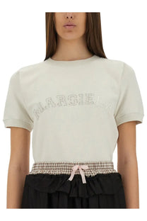Maison Margiela women’s cream short sleeved sweatshirt with subtle embroidered logo across the chest