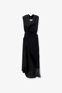 Maison Margiela women’s black silk sleeveless dress with draped neckline and asymmetrical hemline