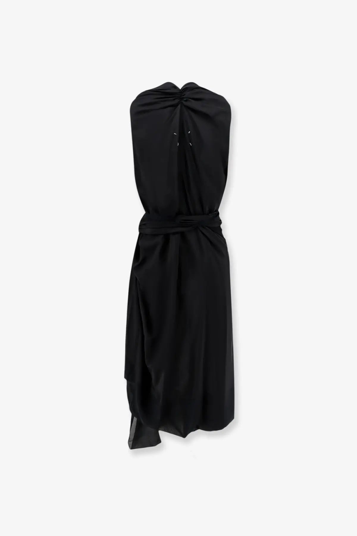 Maison Margiela women’s black silk sleeveless dress with draped back and tied waistband shown from the back side