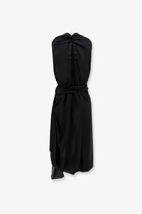 Maison Margiela women’s black silk sleeveless dress with draped back and tied waistband shown from the back side