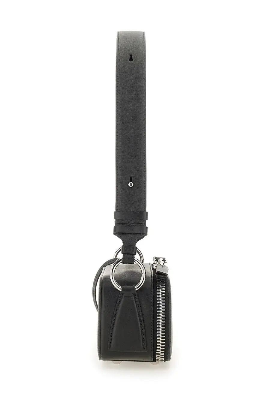 Maison Margiela women’s small doll bag black leather crossbody with silver-toned zipper and ring detail