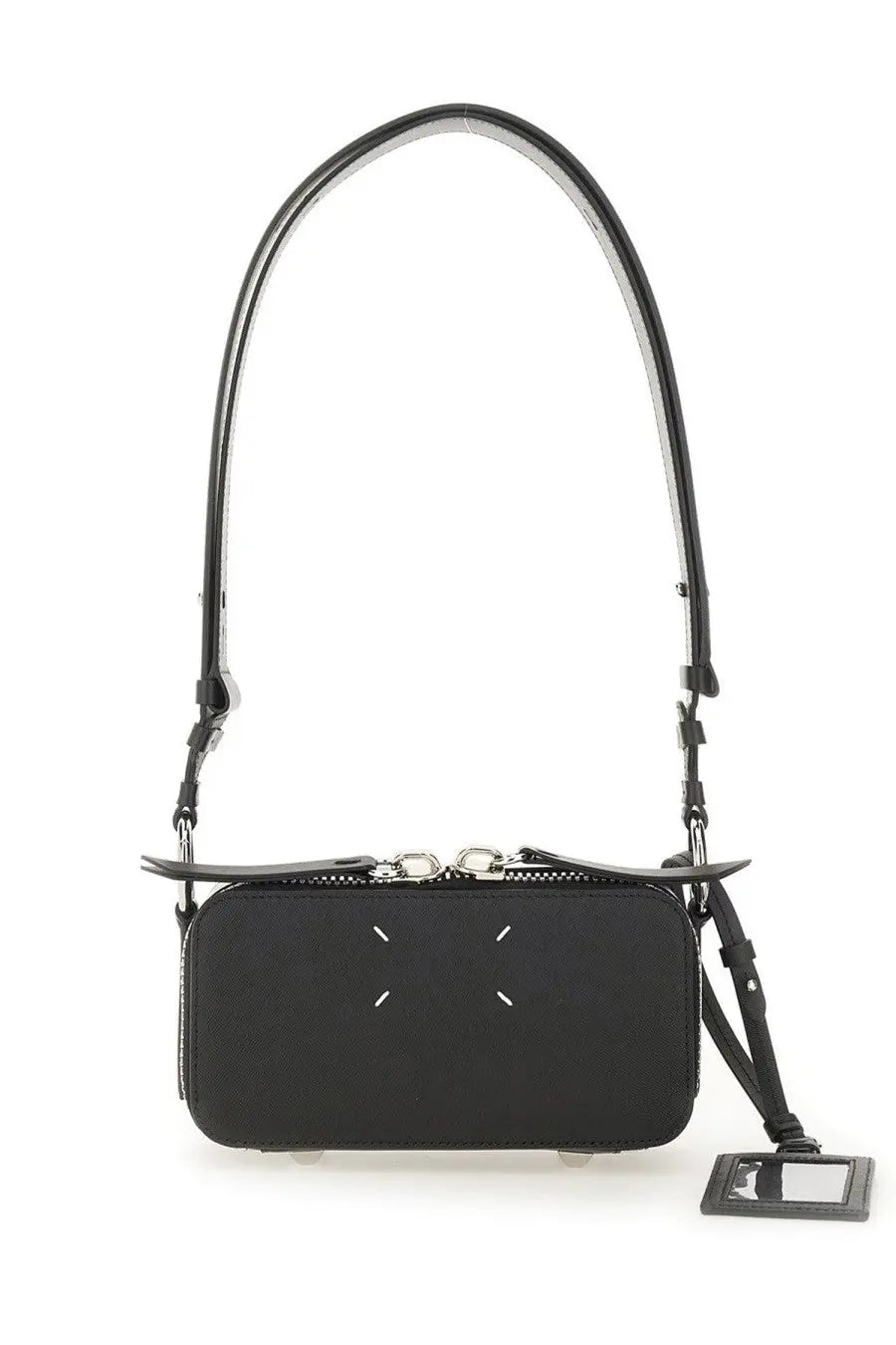 Maison Margiela women’s small doll black crossbody bag with textured surface silver-toned stitching and adjustable strap