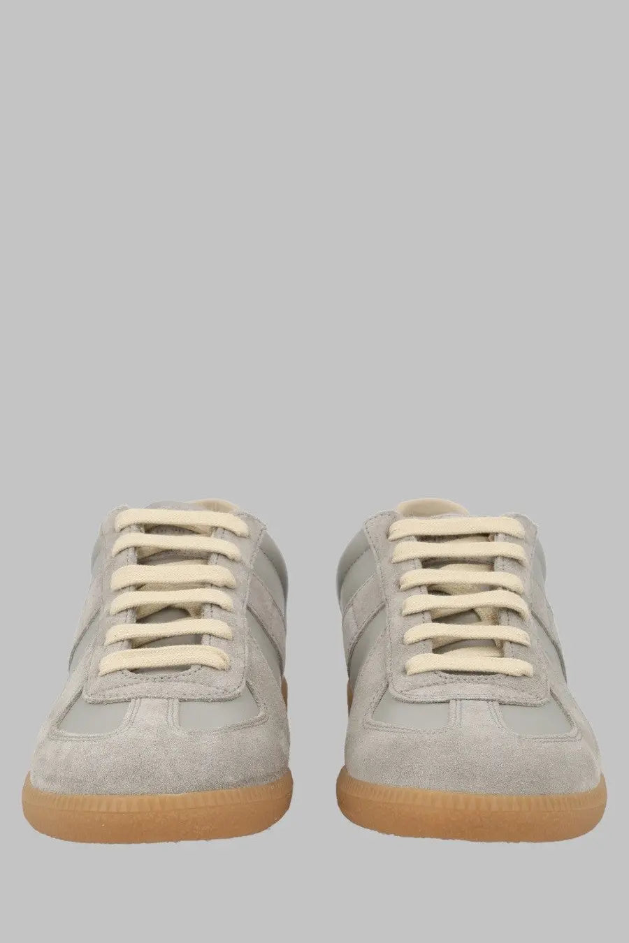 Maison Margiela women’s sneaker replica grey light gray suede with cream laces and tan rubber sole