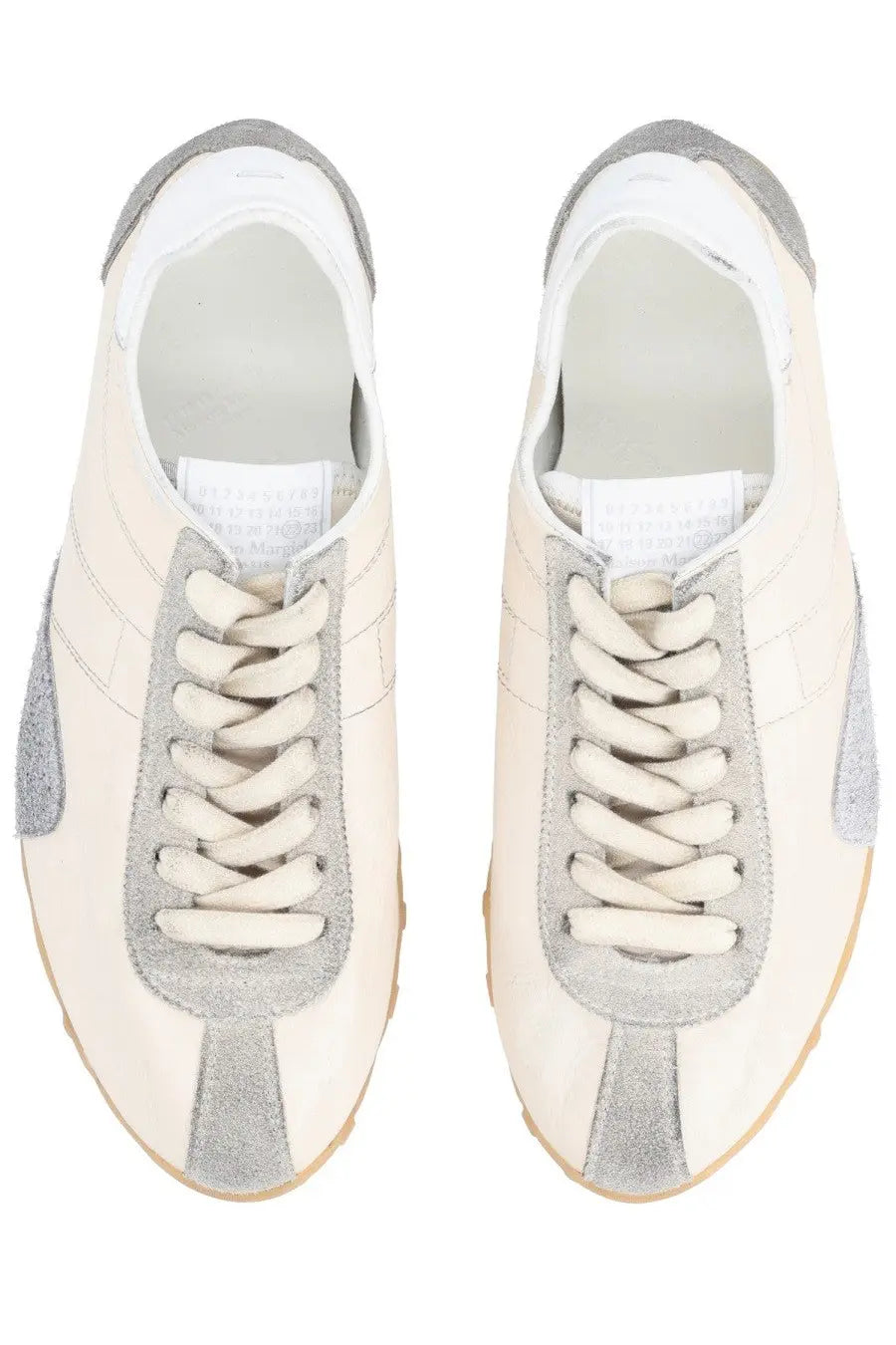 Maison Margiela women’s sneaker sprinters beige cream sneakers with silver suede accents and matching laces low-top design