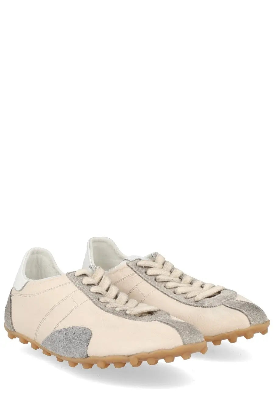 Maison Margiela women’s sneaker sprinters beige cream sneakers with silver suede accents and textured rubber sole