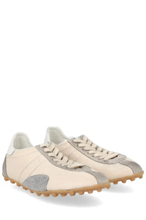 Maison Margiela women’s sneaker sprinters beige cream sneakers with silver suede accents and textured rubber sole