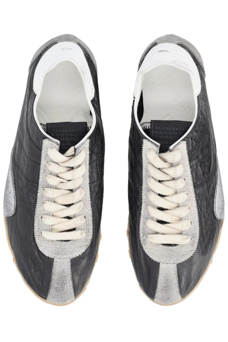 Maison Margiela women’s sneaker sprinters in black with silver croc-embossed leather, suede laces, and metallic accents