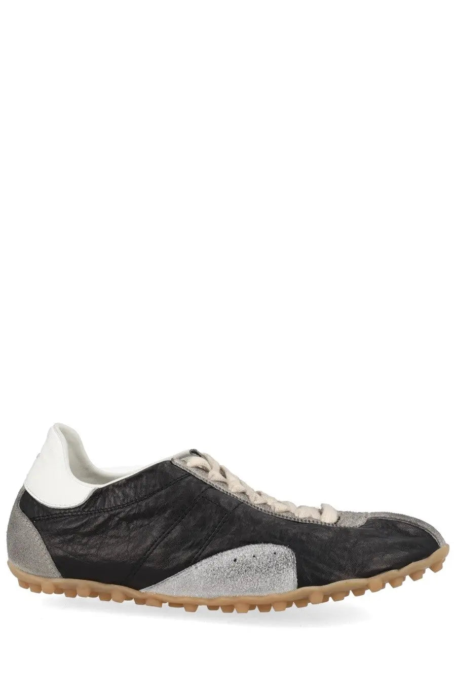 Maison Margiela women’s sneaker sprinters in black and silver patchwork leather with white collar lining and tan sole
