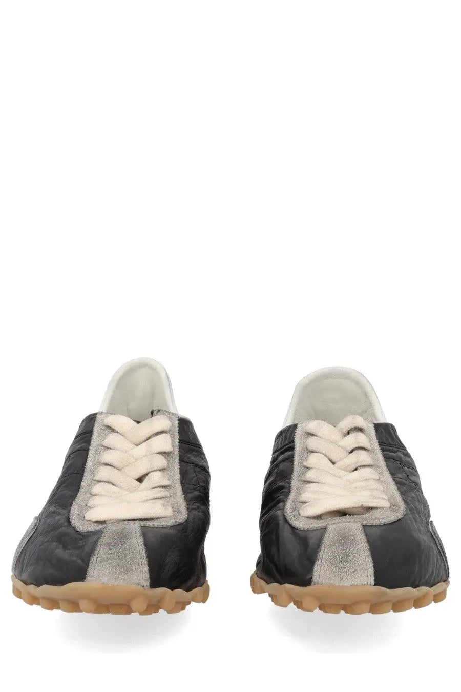 Maison Margiela women’s sneaker sprinters in black and silver suede with cream laces and gum rubber sole