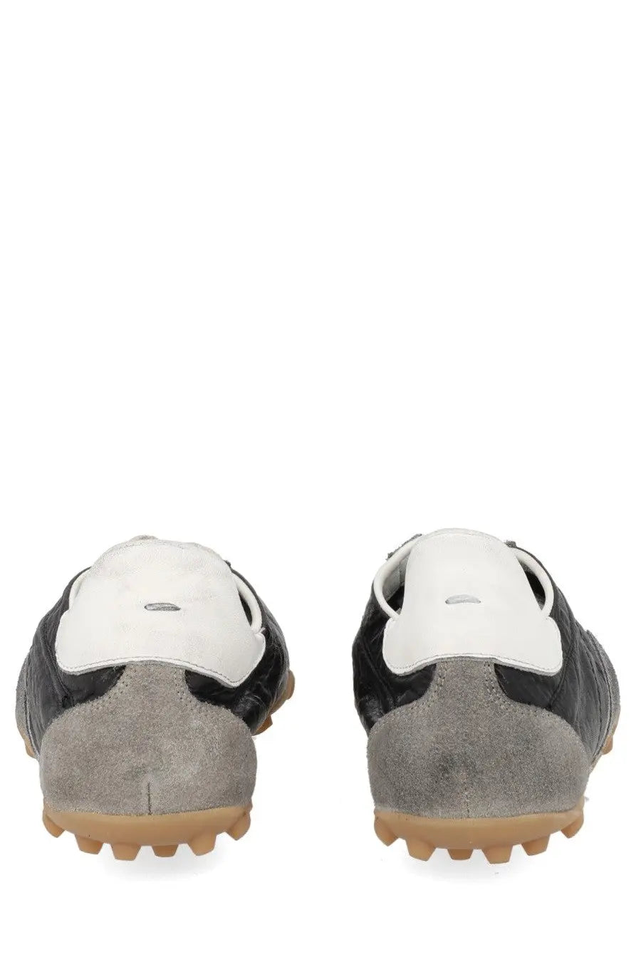Maison Margiela women’s sneaker sprinters black black and white suede with gray heel counter and tan rubber sole