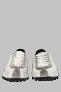 Maison Margiela women’s sneaker sprinters low top white snakeskin pattern with silver accents and black rubber soles