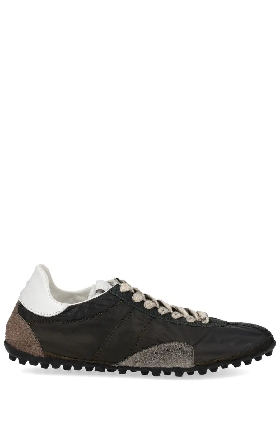 Maison margiela women’s sneaker sprinters multicolor in black and brown suede with white laces and textured rubber sole