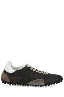 Maison margiela women’s sneaker sprinters multicolor in black and brown suede with white laces and textured rubber sole