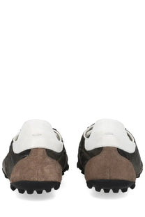 Maison Margiela women’s sneaker sprinters in dark green and beige suede with white leather accents