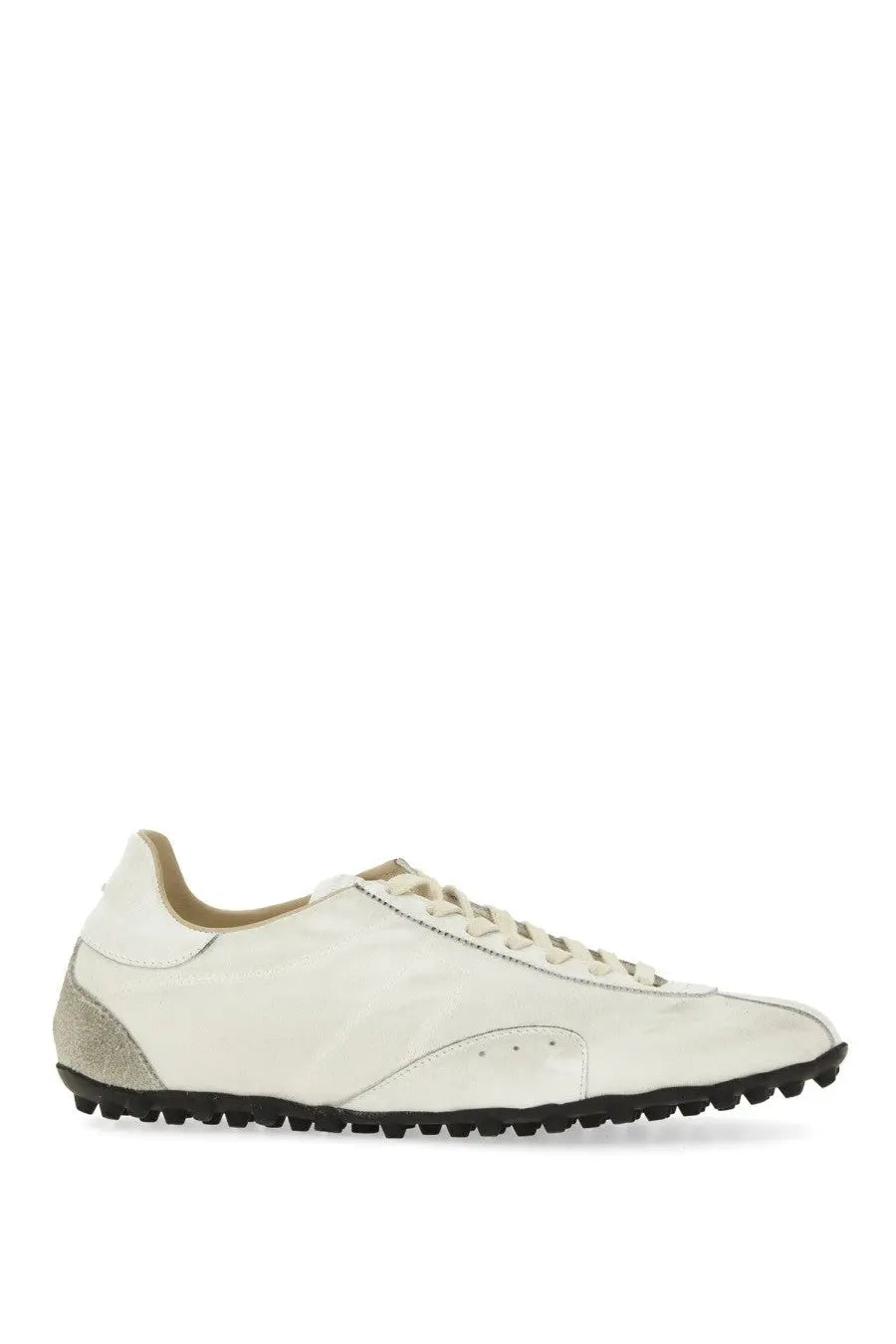 Maison Margiela women’s sneaker sprinters white cream leather sneaker with textured suede heel and black rubber sole back view