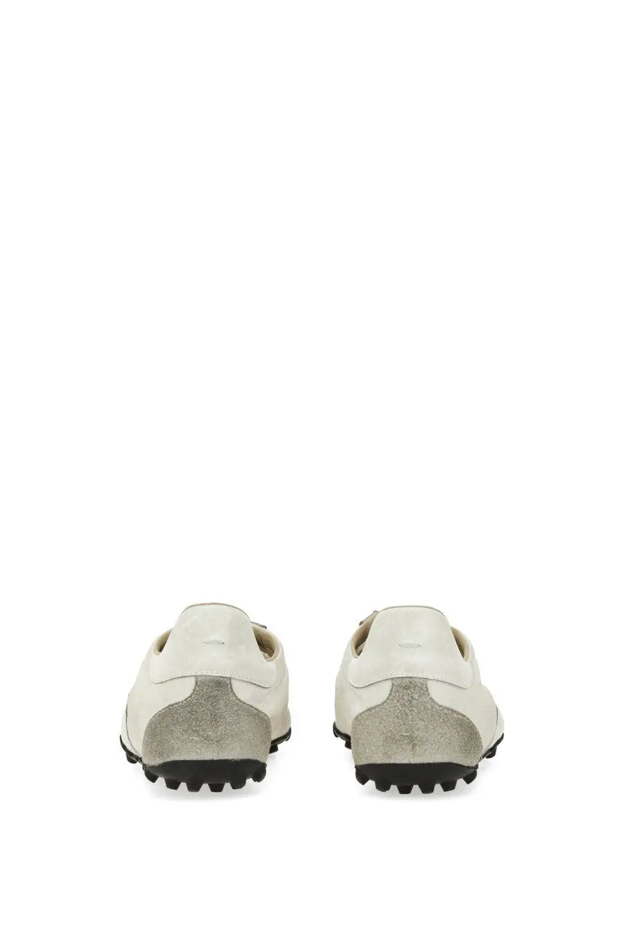 Maison Margiela women’s sneaker sprinters white with white leather, textured gray suede heel, and black rubber soles back view
