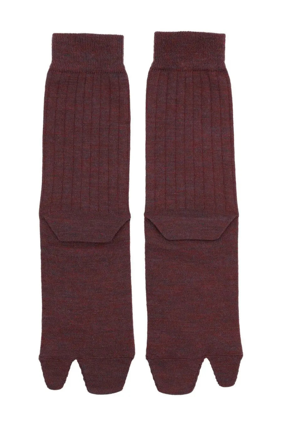 Maison margiela women’s tabi socks in red with maroon ribbed toe, textured knit pattern, and reinforced heel sections