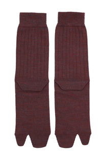 Maison margiela women’s tabi socks in red with maroon ribbed toe, textured knit pattern, and reinforced heel sections