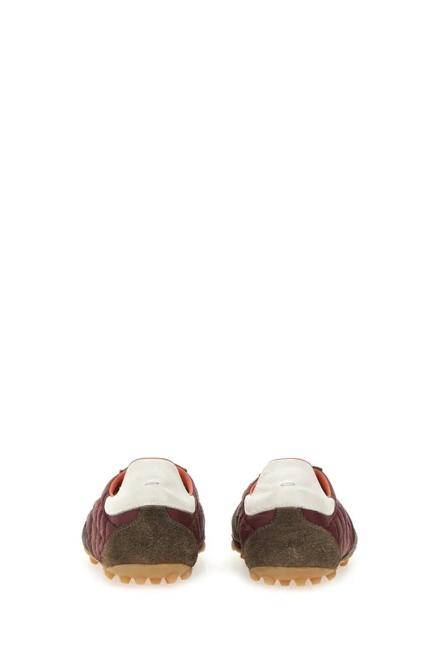 Maison Margiela women’s sprinters low top sneaker in maroon and brown suede with white rubber heel tabs back view