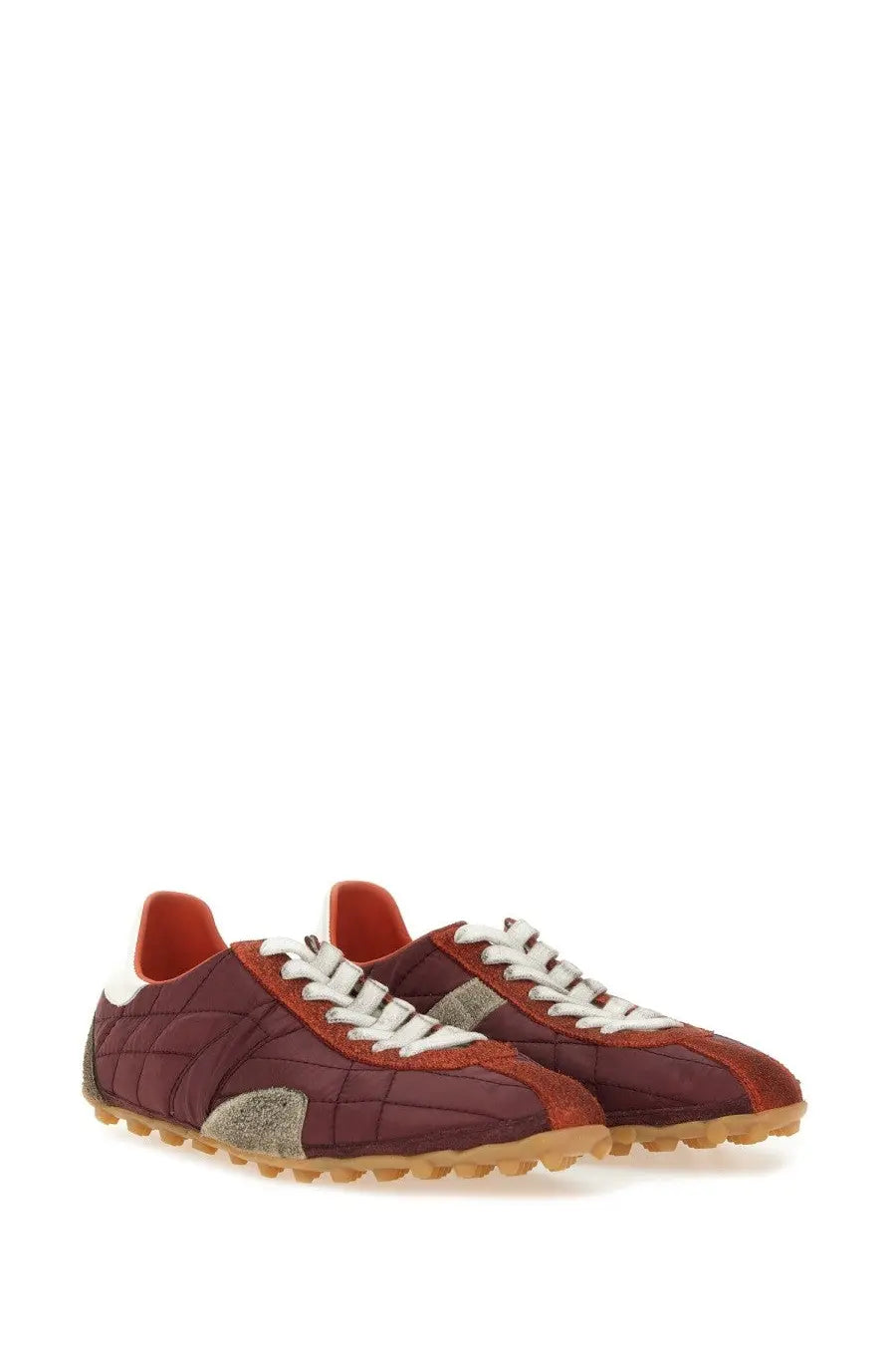 Maison margiela women’s sprinters low top sneaker in maroon quilted leather with white laces and orange accents