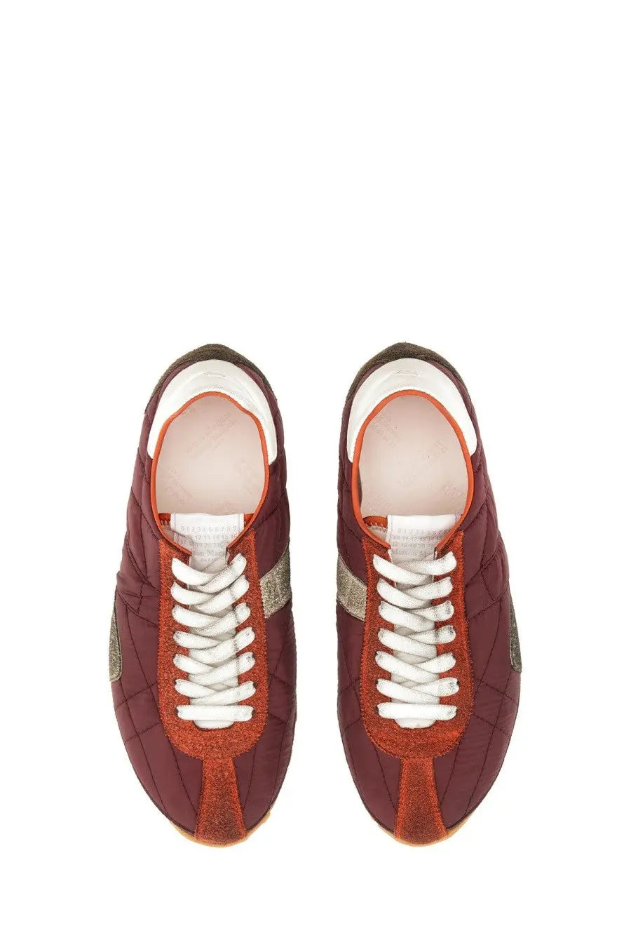 Maison Margiela women’s sprinters low top sneaker red maroon quilted suede with white laces and metallic silver stripes