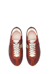 Maison Margiela women’s sprinters low top sneaker red maroon quilted suede with white laces and metallic silver stripes