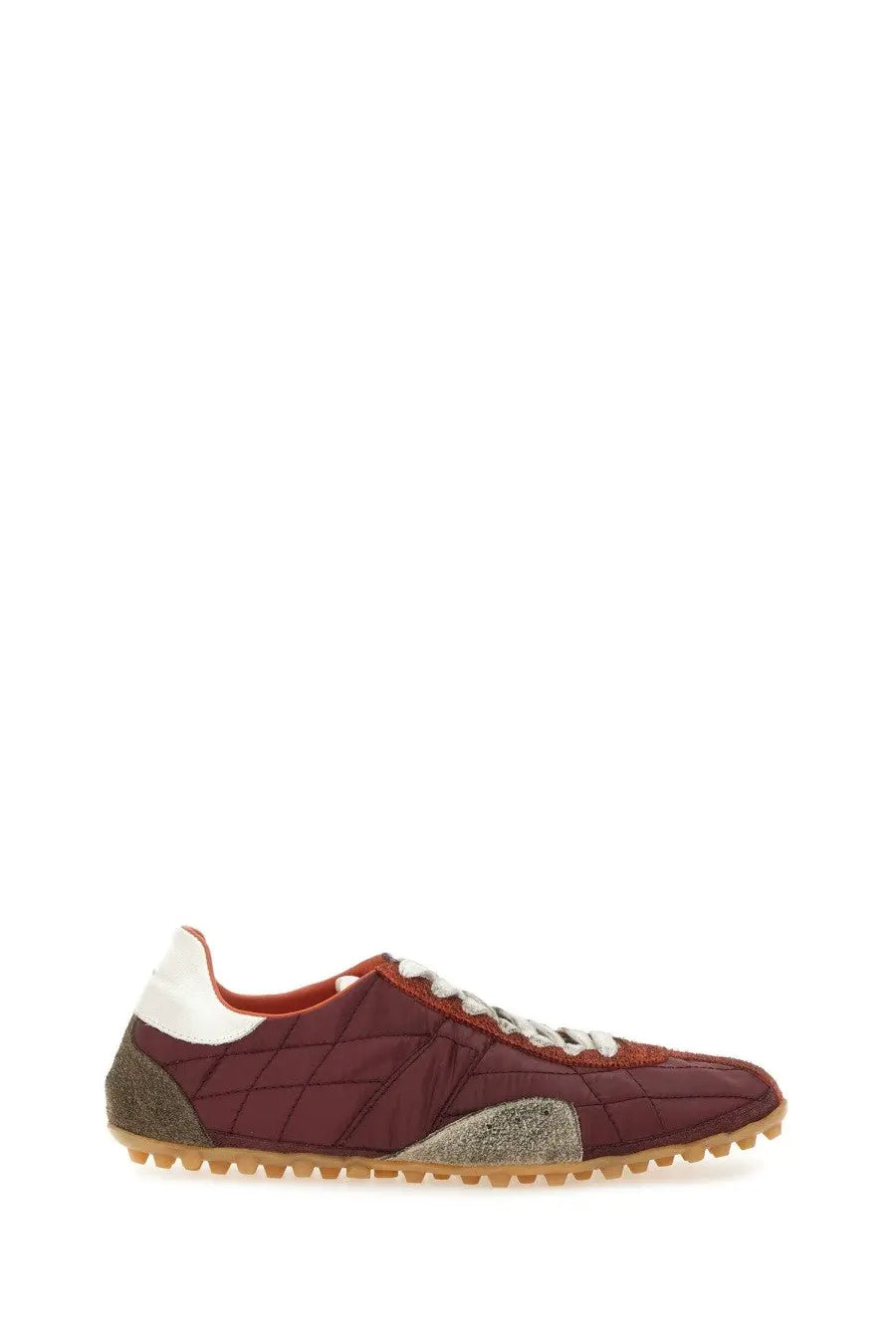 Maison Margiela women’s sprinters low top sneaker in maroon quilted leather with white and metallic silver accents and rubber sole