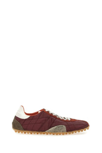 Maison Margiela women’s sprinters low top sneaker in maroon quilted leather with white and metallic silver accents and rubber sole